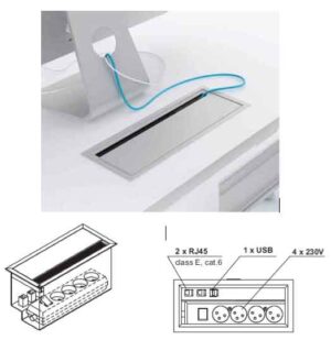 Mediabox M04 / Passage de câbles connecté 4 x 230V +1 x USB + 2 x RJ45
