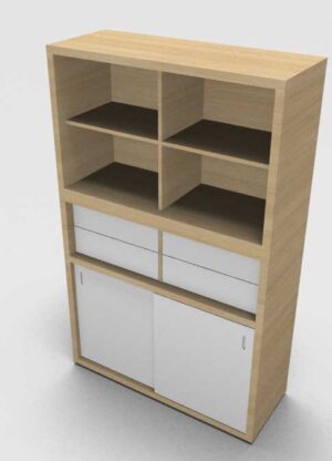 Kara / Etagère haute 2 portes coulissantes + 2 blocs tiroirs  H193 cm Chêne clair