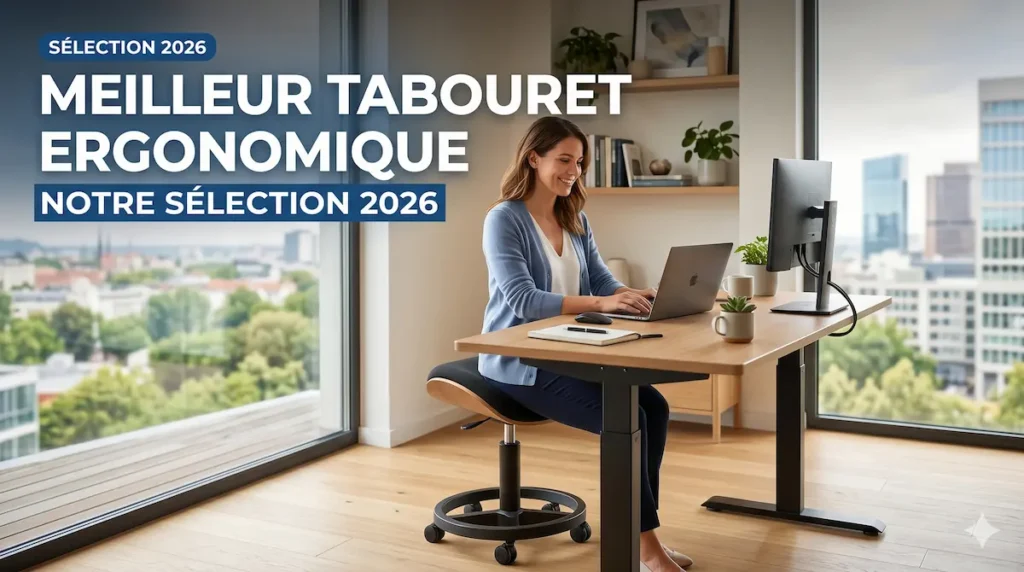 Gemini_Generated_Image_uj30t1uj30t1uj30 - MonBureauDesign Woman working at a wooden desk with a laptop in a bright office overlooking a cityscape; large French ad text about ergonomic stools for 2026.