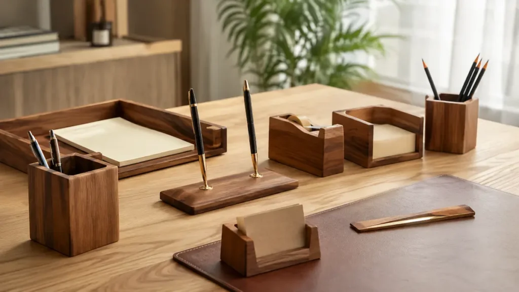 Wooden desk organizer on a light wooden desk with pens, note tray, and a leather writing pad.