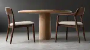 Illustration de profil d’une chaise sans accoudoirs et d’un fauteuil de table, face au même plateau.