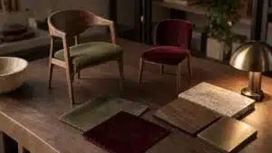 Illustration de maquettes de chaises, tissus olive et bordeaux, bois, pierre et métal sur une table de conception.