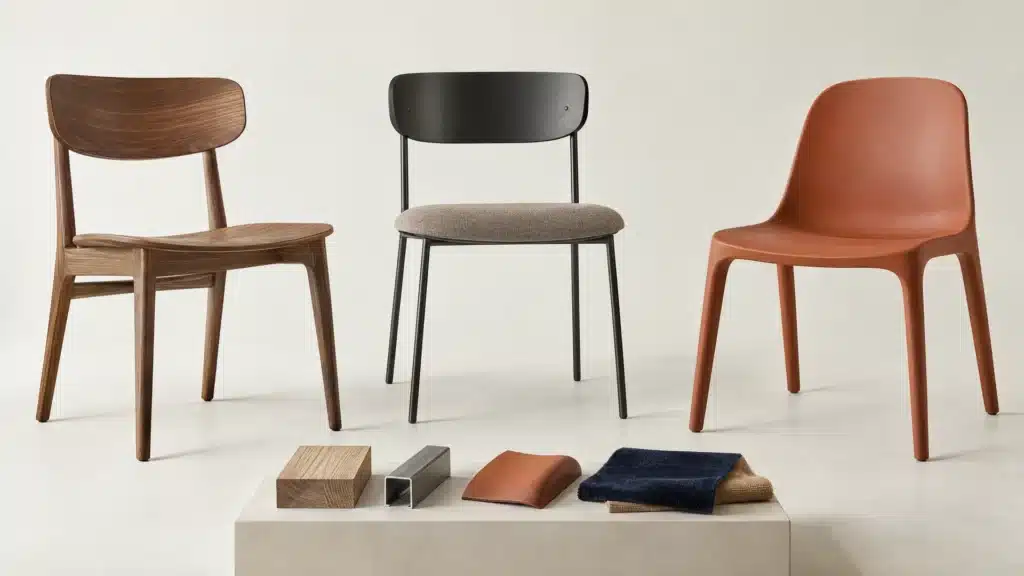 Illustration de trois chaises en bois, métal et polypropylène avec des échantillons de matières et de tissus.