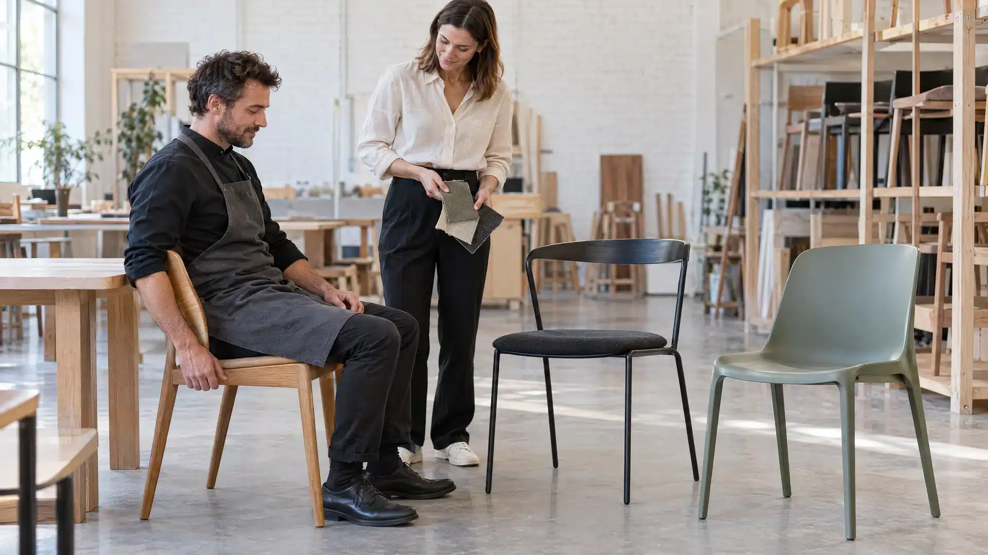 Illustration d’un professionnel testant une chaise avec une architecte devant trois assises différentes.